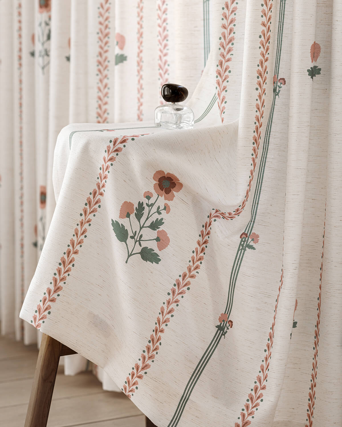 Close-up of hand painted cosmos floral pattern on thick 366gsm linen blend fabric