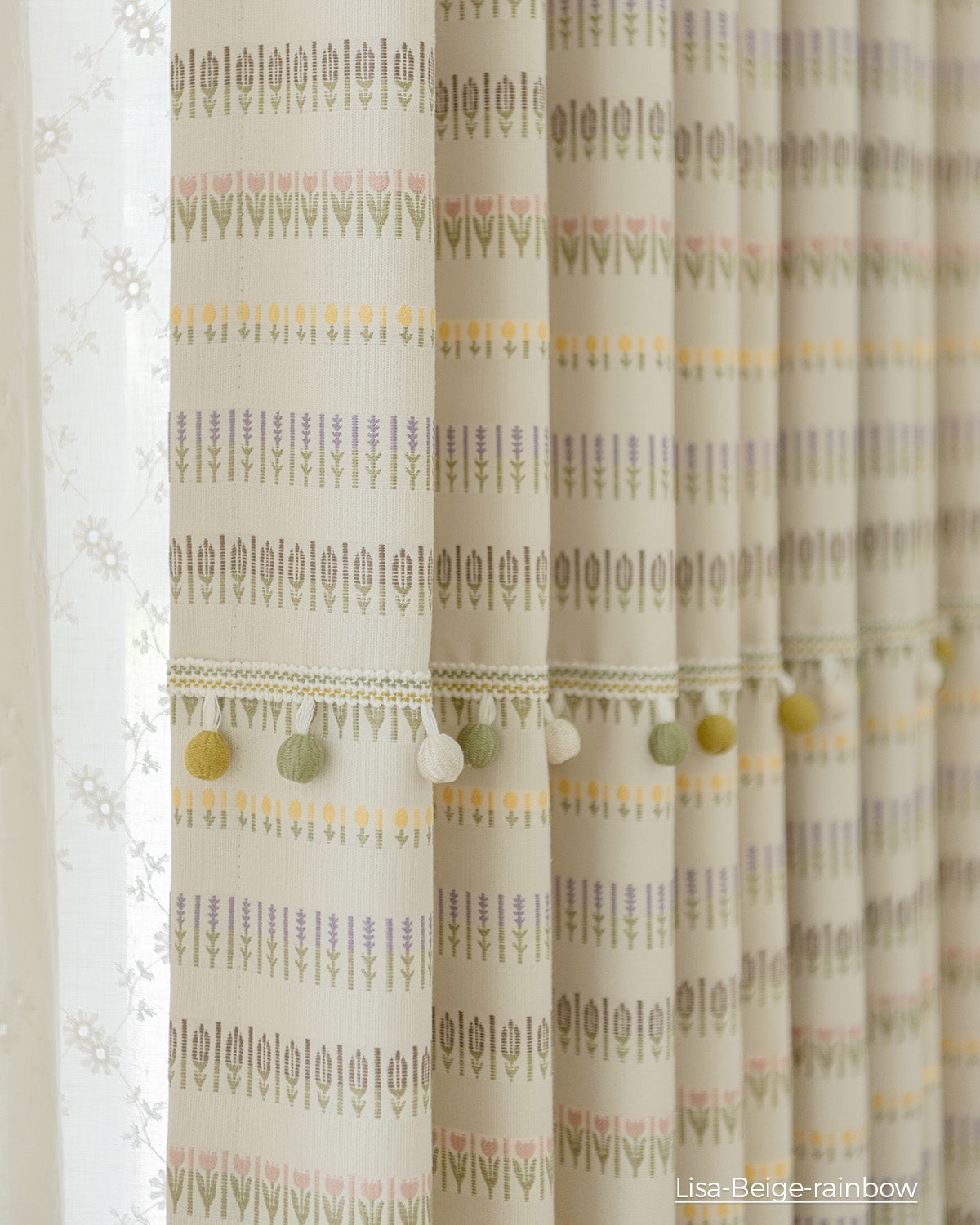 Lisa Floral Embroidered Pom-Pom Blackout Curtains