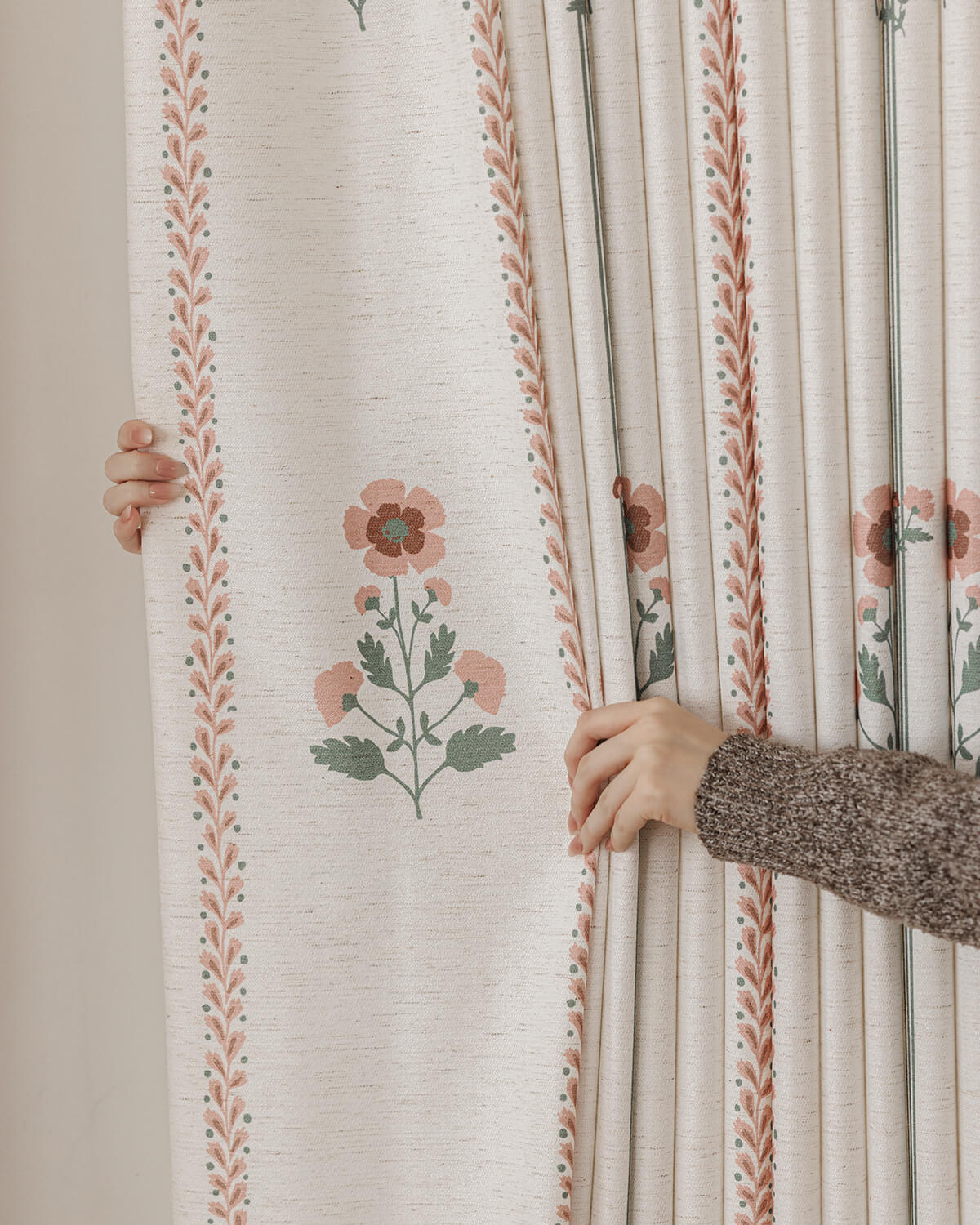 Custom size Lily floral curtains for french doors being drawn by hand for light control