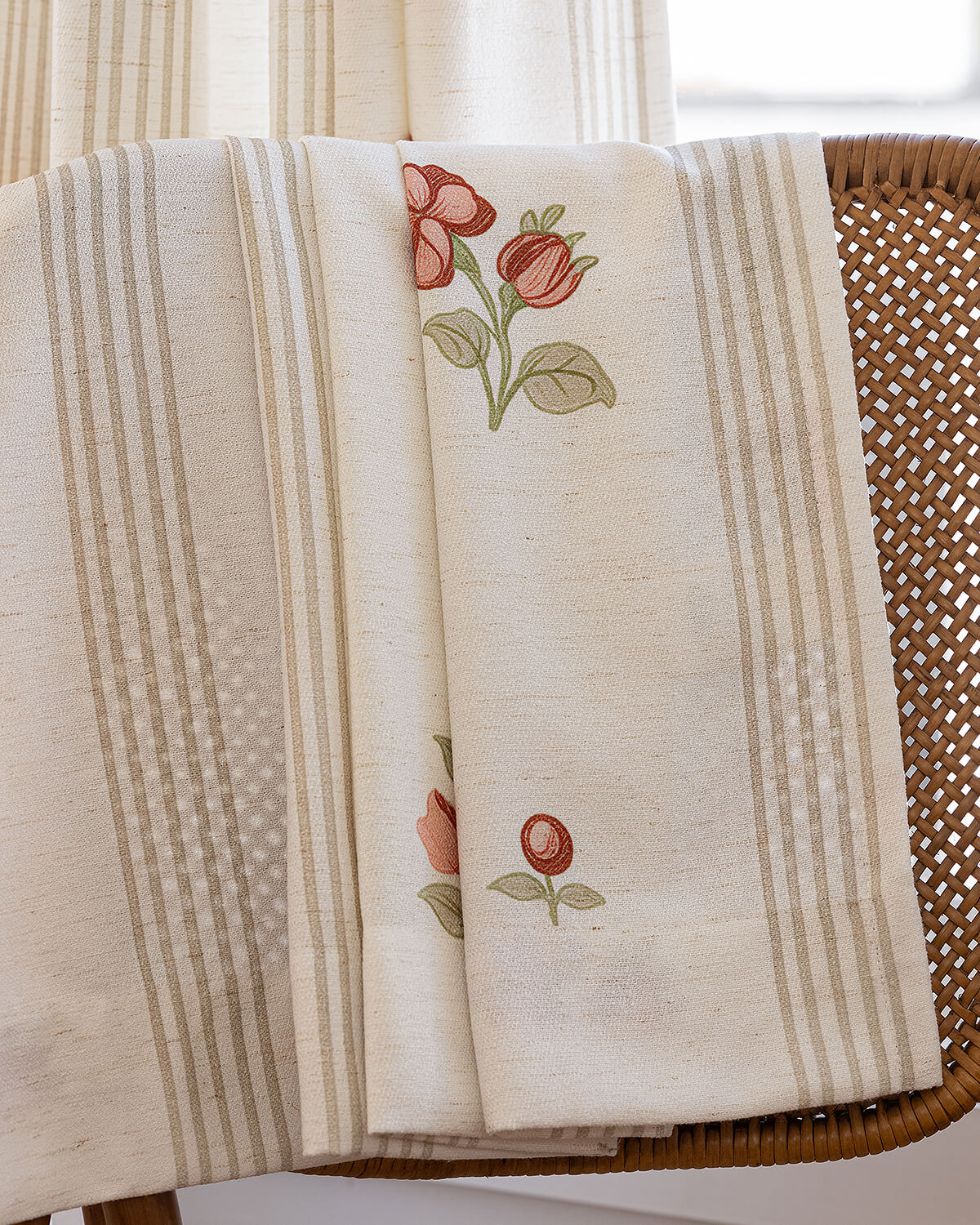 Close-up of hand painted cosmos floral pattern on thick linen blend fabric