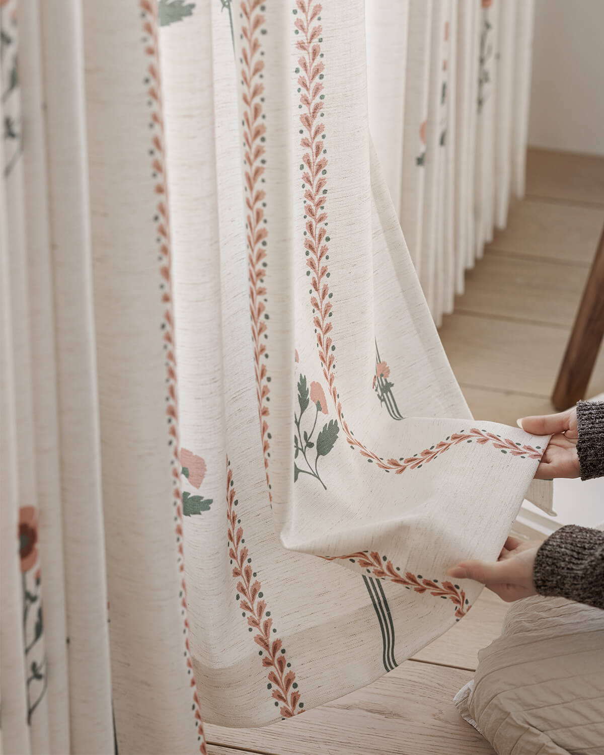 Heavyweight linen blend floral fabric following traditional drapery trends 2026