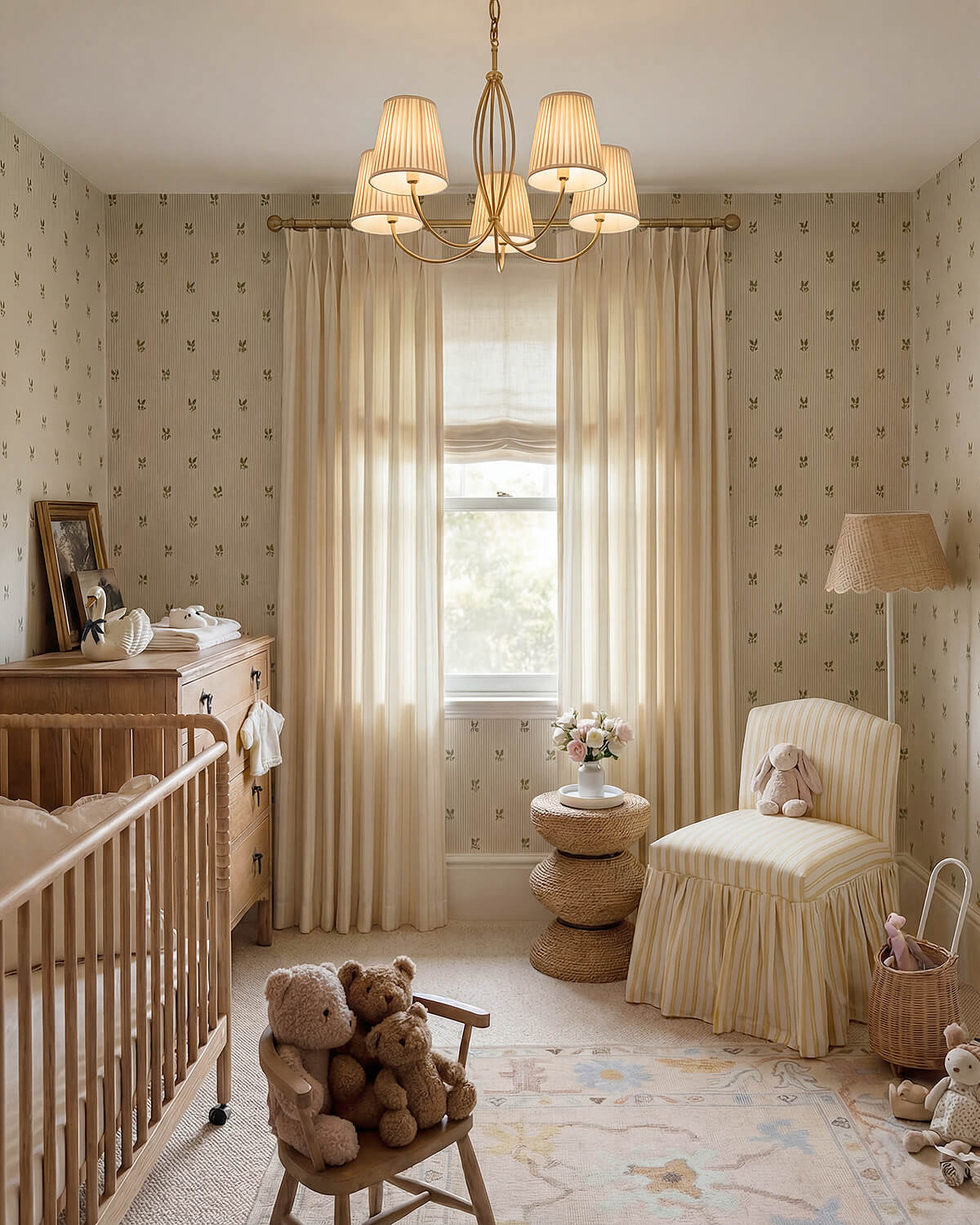 Beige striped cotton blend curtains in bedroom, lightweight fabric with soft drape and natural light filtering