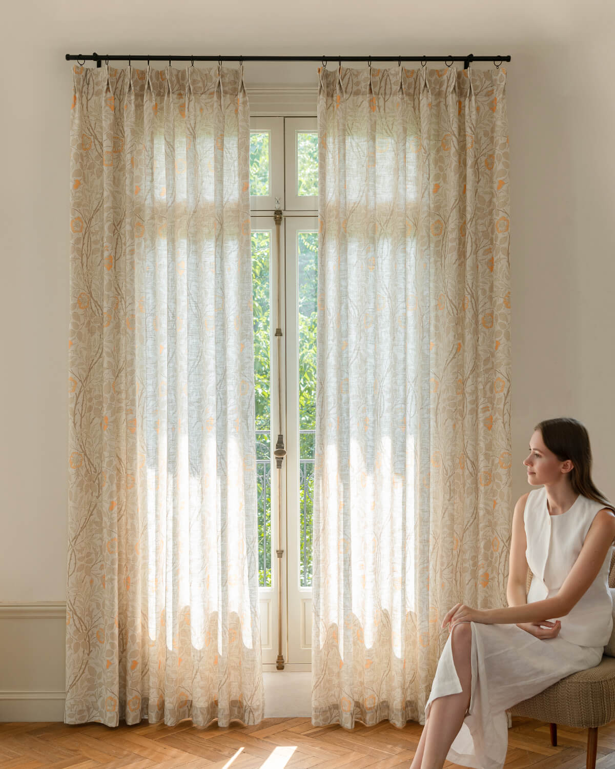 Patterned Linen Blend Flora Curtains – Pinch Pleated, Light Filtering & Elegant Drapes for Living Room (Amara)