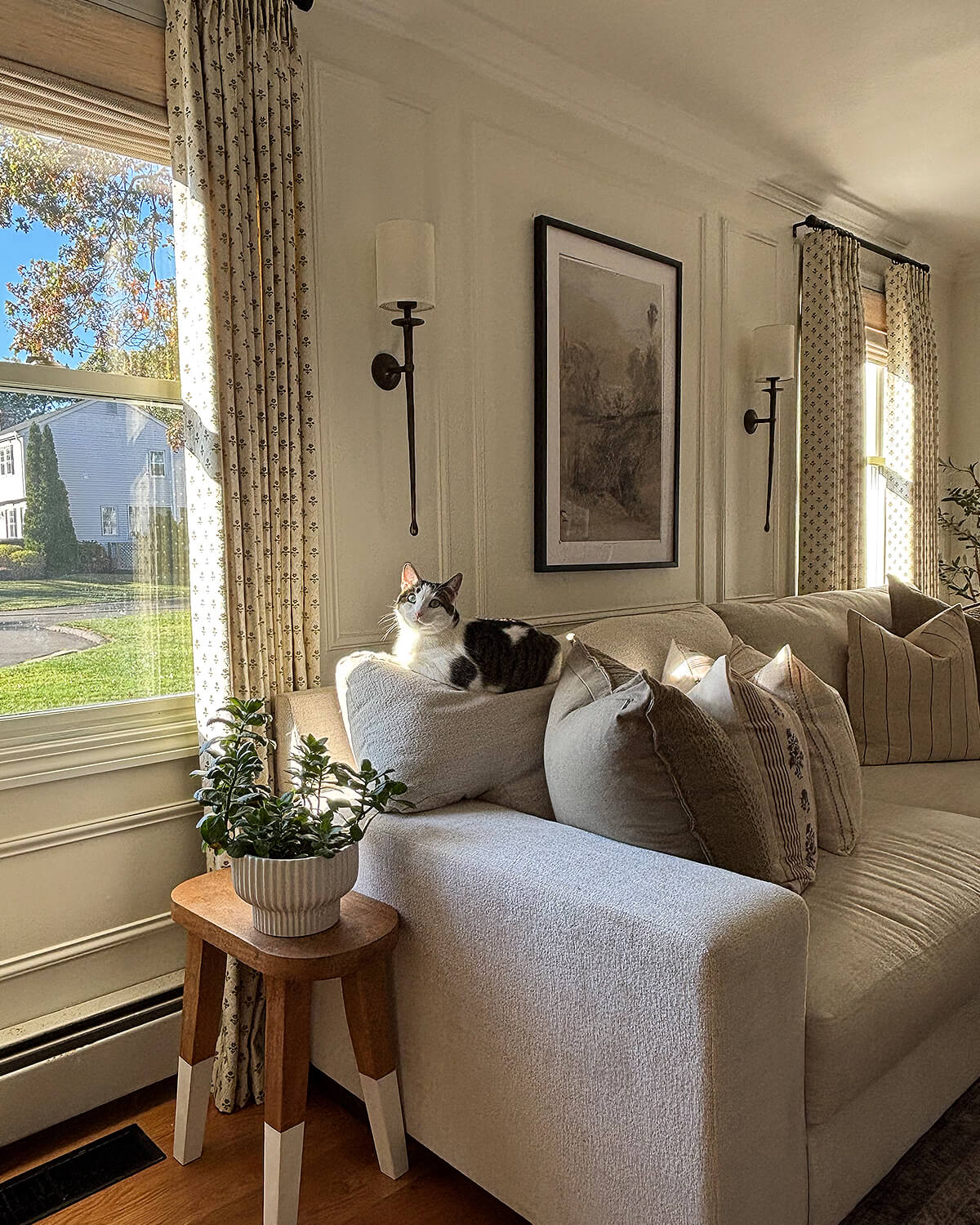 Aurelia ditsy floral pinch pleated floral curtains installed in a cozy living room with a cat on the sofa