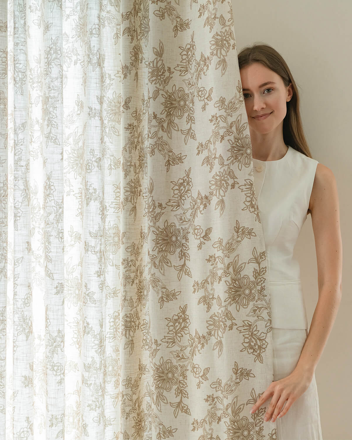 Hand-Painted Floral Linen Blend Curtains – Pinch Pleated, Light Filtering & Elegant Drapes for Living Room (Rosie)