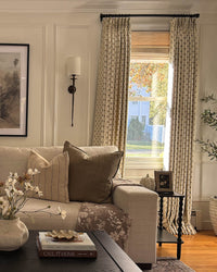 Seamless 112 inch wide floral curtains for arcadia doors providing an elegant solution for large glass exits.