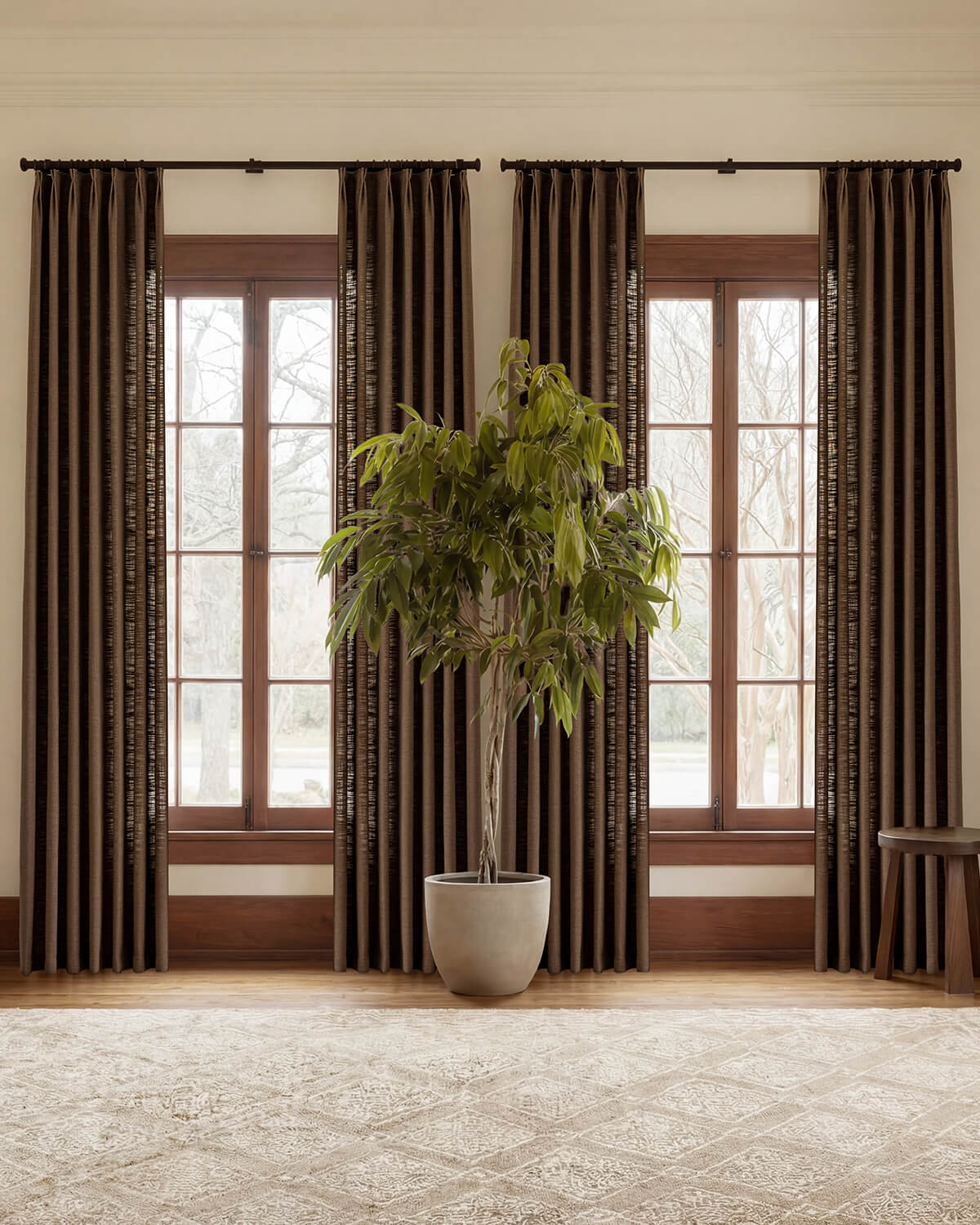 Warm Brown Linen Curtains – Pinch Pleated, Blackout & Elegant Drapes for Living Room & Dining Room (Zen)
