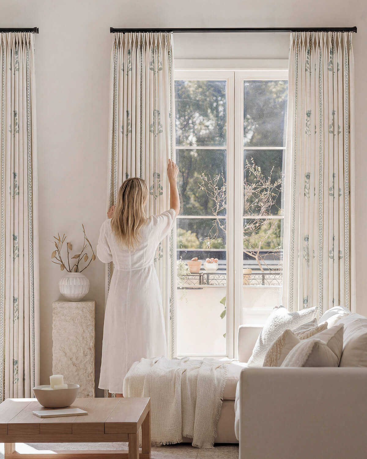 Pattern Linen Pinch Pleated Curtains– Charming Floral & Vine Print, Light-Filtering for Living Room & Bedroom (Lily)