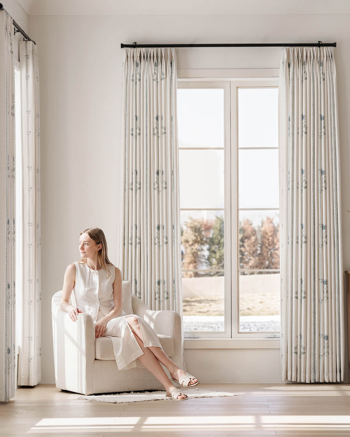 Pattern Linen Pinch Pleated Curtains– Charming Floral & Vine Print, Light-Filtering for Living Room & Bedroom (Lily)