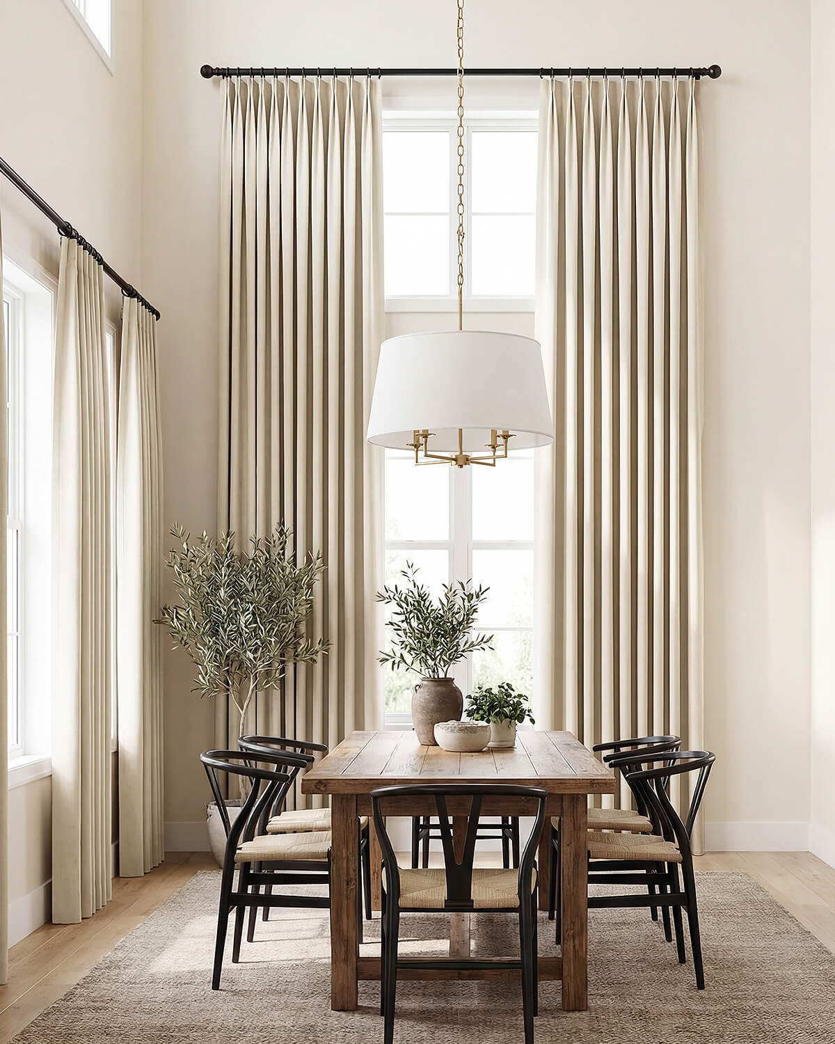 Tall Sand Chenille pinch pleat blackout curtains framing a large window in a bright, high-ceiling dining room.