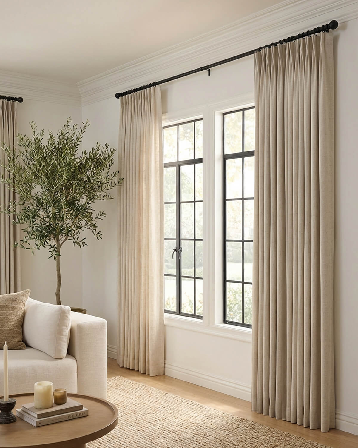 Full-length Vivi Chenille blackout drapes in a neutral tone, providing a luxurious and tailored look for a minimalist bedroom.