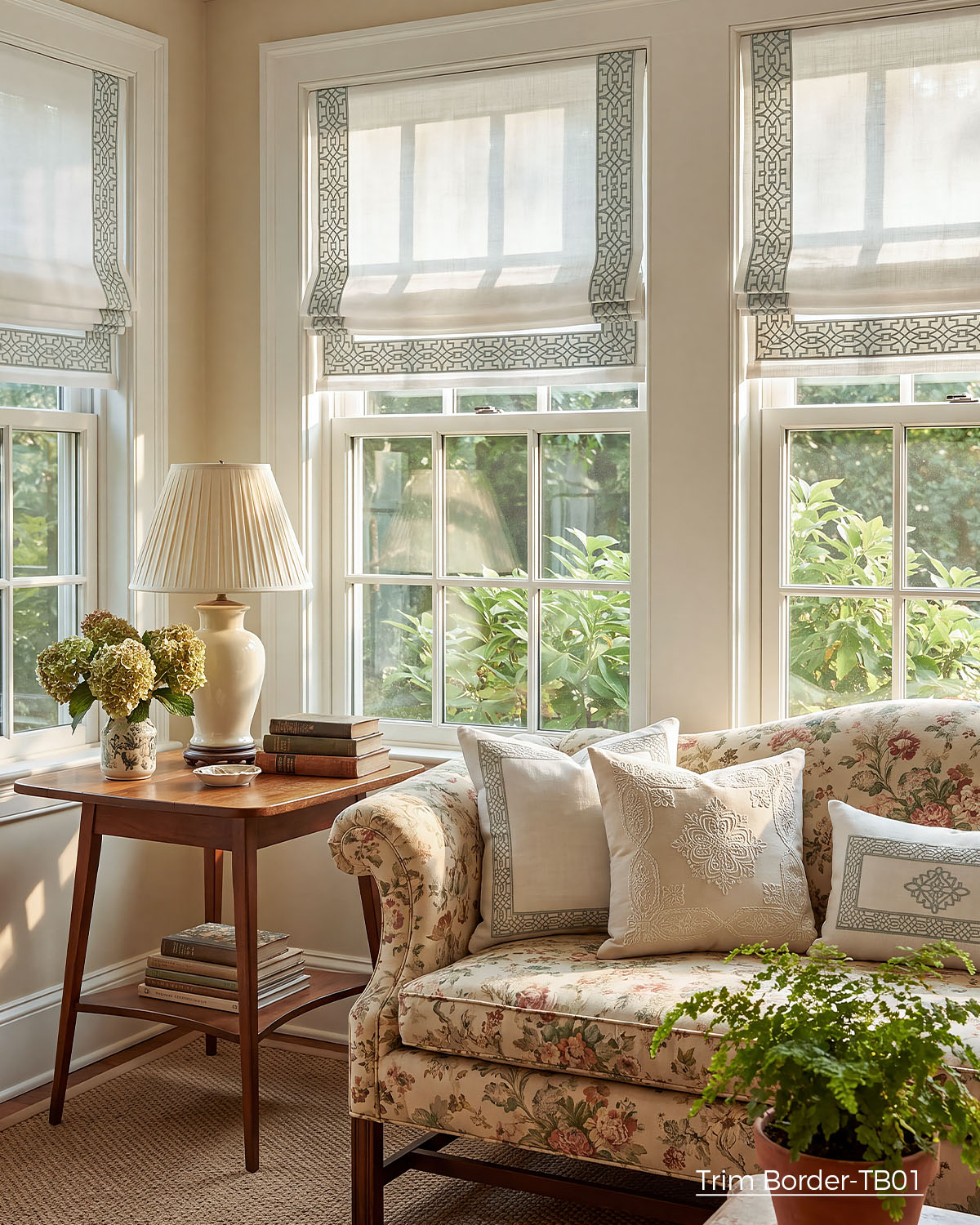Custom Roman Shade with Trim Cordless