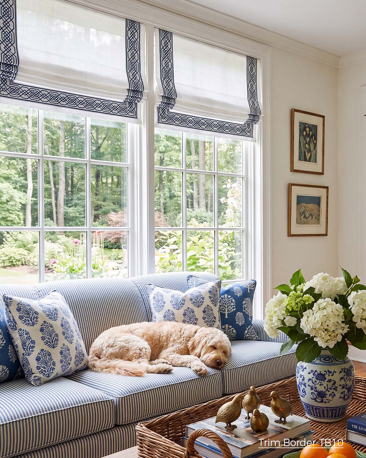 Custom Roman Shade with Trim Motorized