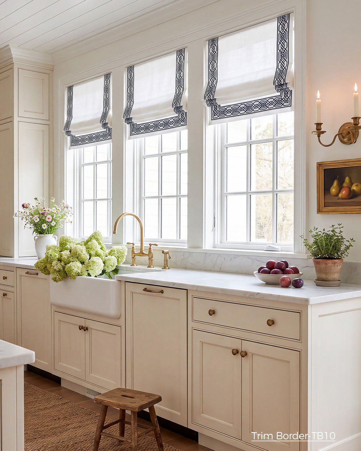 Custom Roman Shade with Trim Motorized