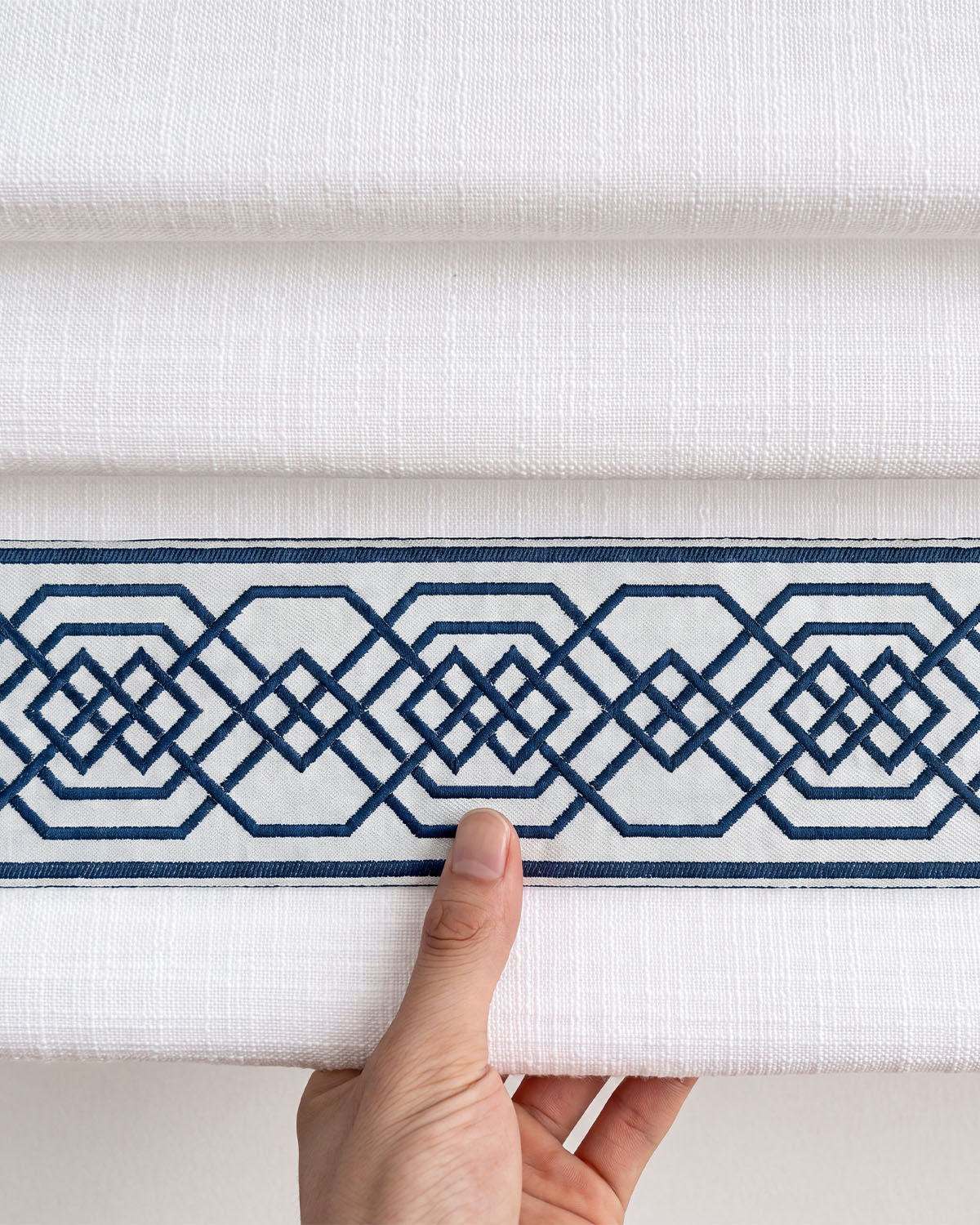 Custom Roman Shade with Trim Motorized