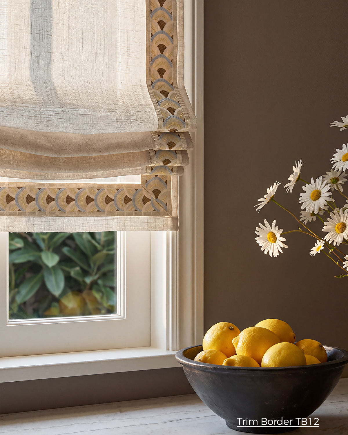Custom Roman Shade with Trim Valance Motorized