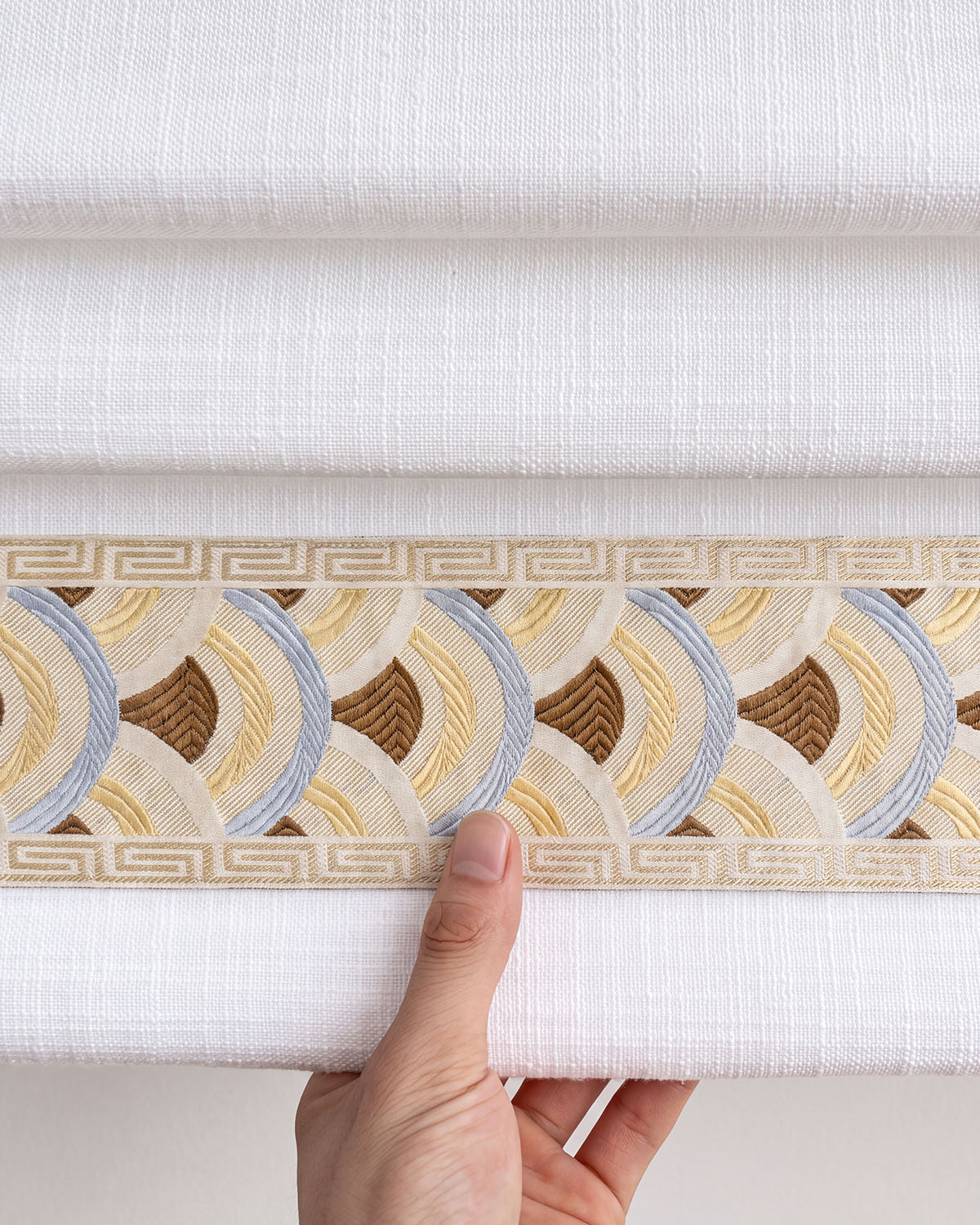Custom Roman Shade with Trim Valance Motorized