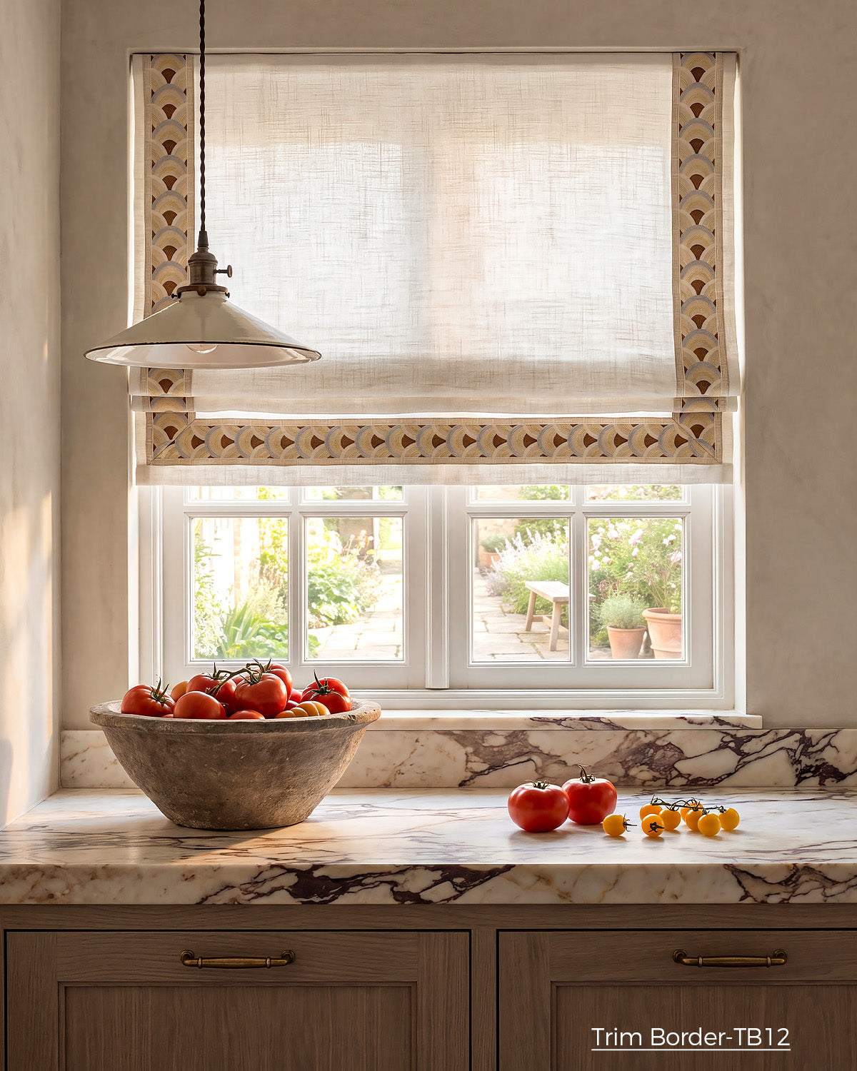 Custom Roman Shade with Trim Valance Motorized