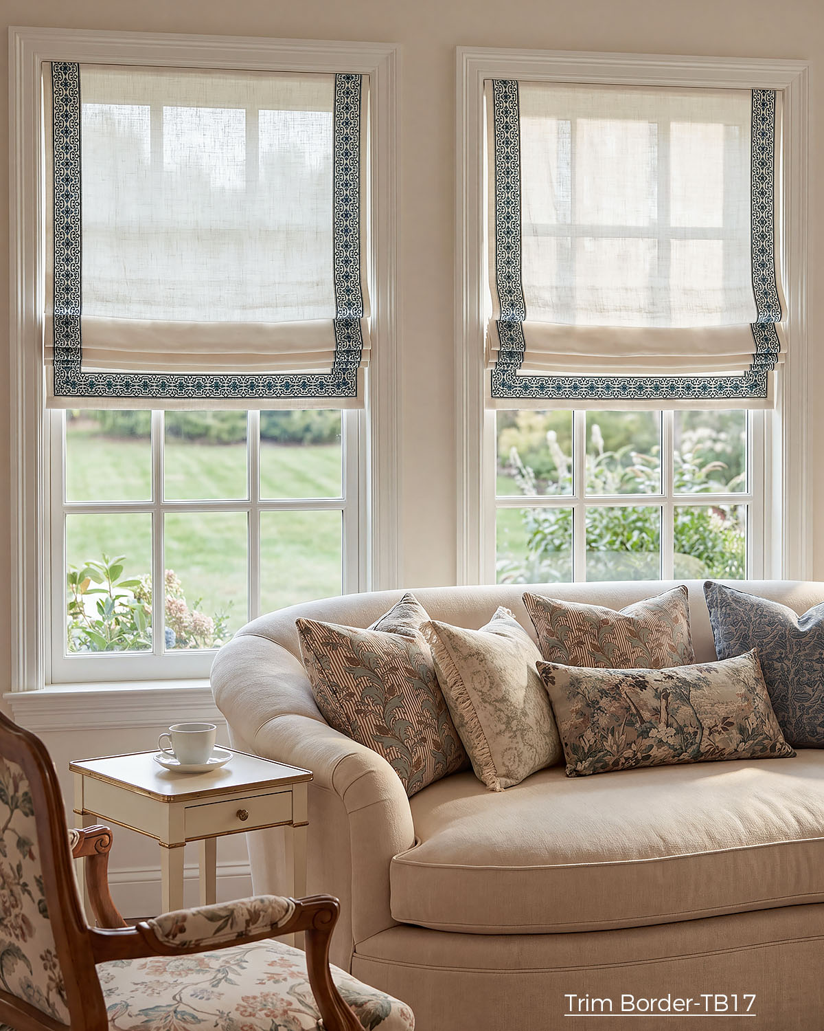 Custom Roman Shade with Trim Valance Cordless