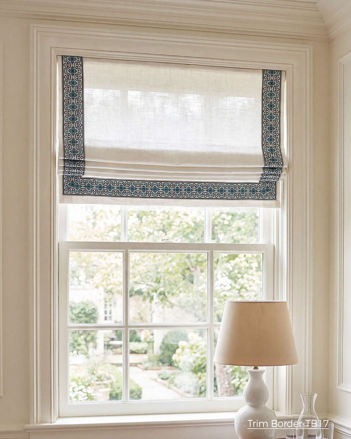Custom Roman Shade with Trim Valance Cordless